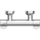 Brausethermostat aus Chrom mit zwei Auslässen, hergestellt von Ideal Standard. Das Produkt hat eine simplistische Form und dient der Steuerung der Wassertemperatur.